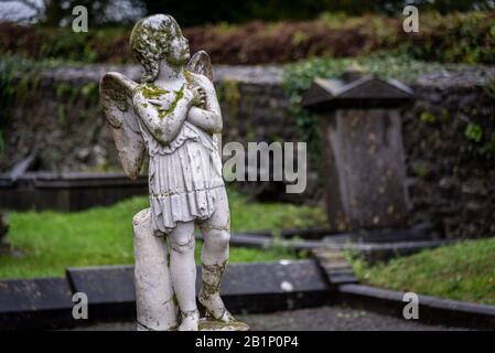 KILKENNY, IRLANDE, LE 23 DÉCEMBRE 2018 : Sculpture d'un vieil Ange chérubin creepy au milieu d'un cimetière, plein de lichen et moule, tenant sa poitrine Banque D'Images