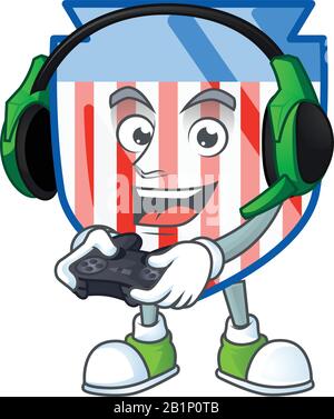 USA STRIPES Shield caricature image jouer un jeu avec casque et contrôleur Illustration de Vecteur