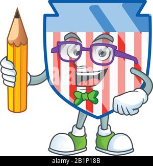 Une icône mascotte de l'étudiant USA rayures bouclier personnage tenant crayon Illustration de Vecteur