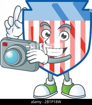Un personnage de dessin animé Photographer en action avec un appareil photo est orné de rayures aux États-Unis Illustration de Vecteur