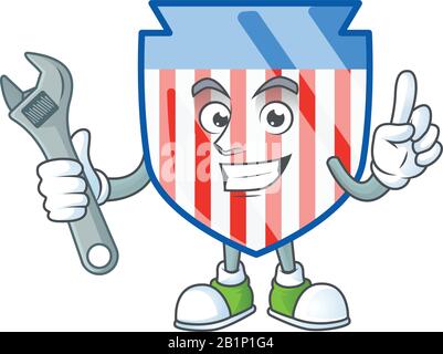 Joyeusement Mechanic USA rayures bouclier dessin de personnage de dessin animé Illustration de Vecteur