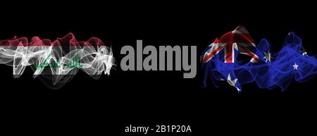 Drapeaux de l'Irak et de l'Australie sur fond noir, l'Irak contre l'Australie Smoke Flags Banque D'Images