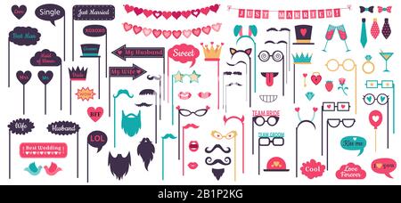 Accessoires pour photo Booth. Cadres à bulles pour le discours de mariage, cadre à coeur pour l'amour des gribouillis, moustache et lunettes sur un ensemble à vecteur de soutien Illustration de Vecteur