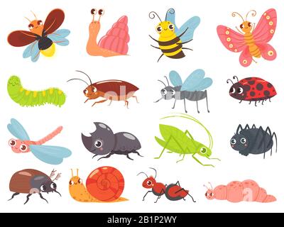 Bugs de dessin animé. Insecte de bébé, drôle de bug heureux et mignon jeu de vecteur de coccinelle Illustration de Vecteur