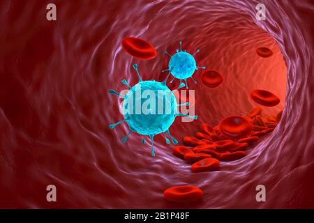 illustration tridimensionnelle des cellules sanguines humaines et du virus de la grippe. Banque D'Images