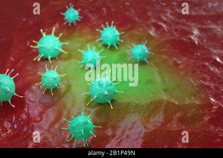 Virus sous le microscope. microbe de rendu tridimensionnel. Banque D'Images