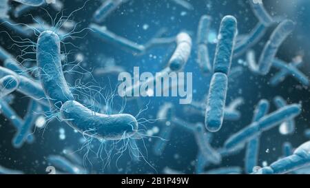 Les bactéries de rendu tridimensionnel se rapprogent sur fond bleu. illustration tridimensionnelle. Banque D'Images