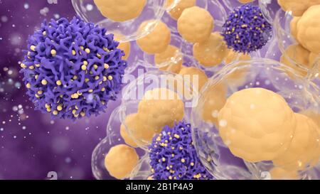 Concept médical du cancer sur un fond abstrait. Illustration tridimensionnelle des cellules T ou des cellules cancéreuses. Banque D'Images