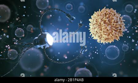 Concept médical dans le domaine de la nanotechnologie. un nanobot étudie ou tue une cellule cancéreuse. 3 d illustration. Banque D'Images