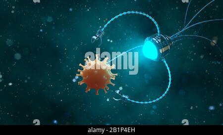 Concept médical dans le domaine de la nanotechnologie. un nanobot étudie ou tue un virus. 3 d illustration. Banque D'Images