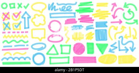 Traits de marqueur de mise en surbrillance des couleurs. Marqueurs colorés en croix et en marques de graduation, le doodle met en évidence les flèches et les cadres de trait de marqueur en jeu de vecteurs. Symboles multicolores Illustration de Vecteur