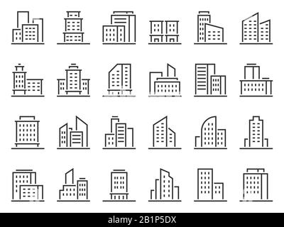 Icônes de construction de lignes. Les entreprises d'hôtel icône d'affaires, les bâtiments de ville et le symbole de ville vecteur ensemble. Architecture urbaine, bâtiments résidentiels et Illustration de Vecteur