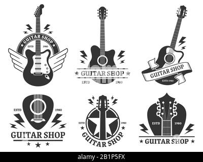 Badges de magasins de guitare. L'emblème de la boutique de guitares personnalisées, le titre de guitare et les instruments de musique stockent l'ensemble d'illustrations vectorielles de badge. Société musicale monochrome Illustration de Vecteur