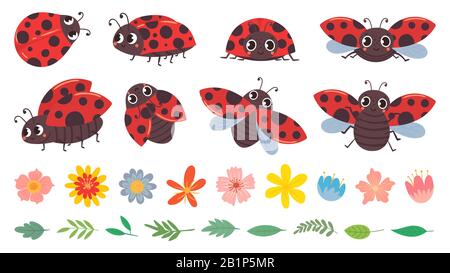 Coccinelle de dessin animé. Adorables coccinelles avec fleurs et feuilles, insectes rouges et illustration vectorielle. Punaises drôles, bourgeons de fleurs et bouquet de feuilles Illustration de Vecteur