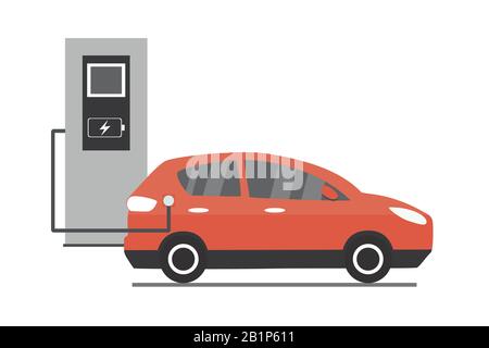 Chargement de voiture électrique, voiture moderne rouge de Cartoon isolée sur fond blanc, illustration vectorielle Illustration de Vecteur