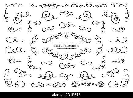 Ligne fleurir ornement tourbillons. Lignes de turbulence vintage, ornement fleurit dévider et rétro cadre de vecteur de coin ensemble. Éléments de conception linéaires en filigrane Illustration de Vecteur