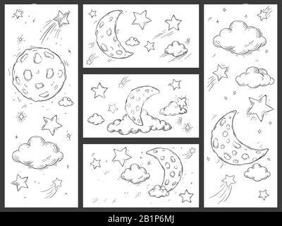 Esquissez le ciel de nuit avec la lune. La lune dessinée à la main, les étoiles de nuit et le rêve de caniche sommeil nuages illustration vectorielle ensemble. Croissant dans le ciel étoilé et tournage Illustration de Vecteur