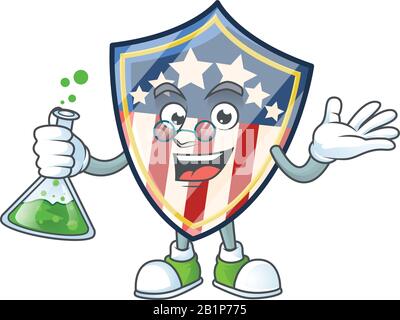 Un professeur de génie de bouclier vintage badges de dessin animé des États-Unis personnage avec tube en verre Illustration de Vecteur