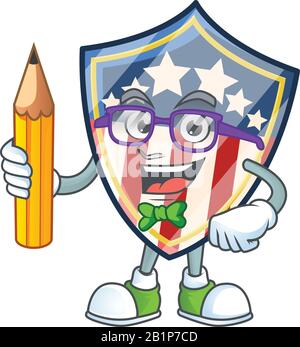 Une icône de mascotte des badges de protection vintage étudiant USA personnage tenant crayon Illustration de Vecteur