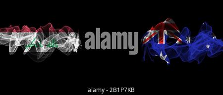Drapeaux de l'Irak et de l'Australie sur fond noir, l'Irak contre l'Australie Smoke Flags Banque D'Images