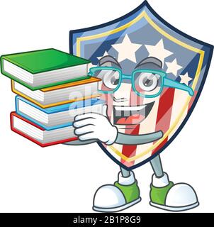 Un personnage intelligent de dessin animé de badges vintage Shield USA étudier avec quelques livres Illustration de Vecteur