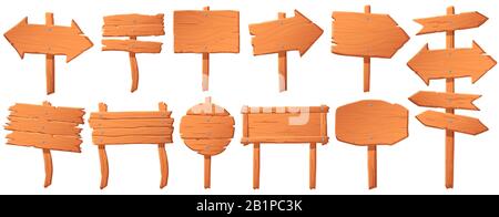 Panneau en bois. Panneau en bois sur le bâton, panneau de signalisation vide ou panneau de signalisation et direction de route pointeur flèche dessin animé vecteur ensemble Illustration de Vecteur