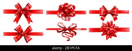 Rubans rouges réalistes avec arcs. Noeud d'emballage festif, décoration cadeau et présente ruban vectoriel ensemble Illustration de Vecteur