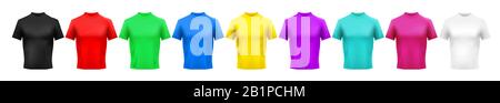 Maquette de t-shirt couleur réaliste. Vêtements pour hommes rouges, verts et bleus. Chemise jaune, violette et cyan. Modèle de chemise rose, noir et blanc vectoriel Illustration de Vecteur
