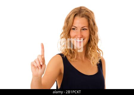 Femme d'affaires appuyant sur le bouton virtuel isolé sur blanc Banque D'Images