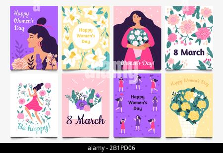 Cartes du 8 mars. Dame aux fleurs, Journée internationale des femmes et Être heureux carte de voeux scénario ensemble Illustration de Vecteur