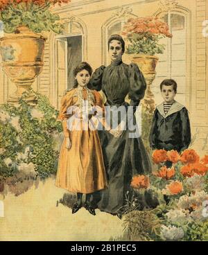 Gravure - la famille du président Casimir Périer, sa femme Hélène Perier avec claude et germaine ses enfants en 1894 - Collection privée Banque D'Images