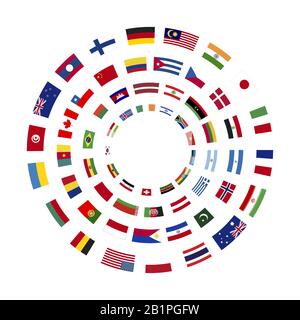 Beaucoup de drapeaux des États souverains disposés en quatre cercles isolés sur fond blanc Illustration de Vecteur