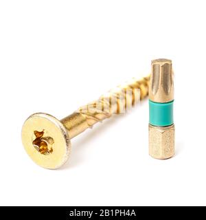 Vis Torx avec embout Torx isolé sur gros plan blanc Banque D'Images