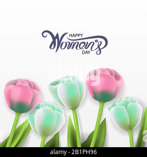 Journée internationale des femmes heureuses avec carte de vœux pour fleurs.tulipes roses et blanches sur fond.Journée internationale des femmes avec la décoration des fleurs Illustration de Vecteur