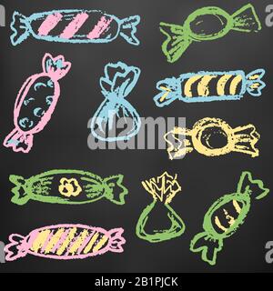 Dessin d'enfant avec craie sur une planche noire. Éléments de conception d'emballages, cartes postales, enveloppes, couvertures. La créativité des enfants. Bonbons, bonbons Illustration de Vecteur