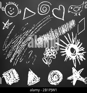 Dessin d'enfant avec craie blanche sur une planche noire. Éléments de conception d'emballages, cartes postales, enveloppes, couvertures. La créativité des enfants. Carré, triangle Illustration de Vecteur