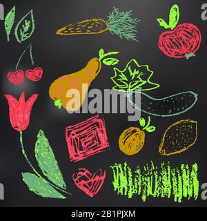 Dessin d'enfant avec craie sur une planche noire. Éléments de conception d'emballages, cartes postales, enveloppes, couvertures. La créativité des enfants. Feuilles, carottes, pomme Illustration de Vecteur
