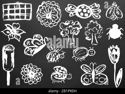 Dessin d'enfant avec craie blanche sur une planche noire. Éléments de conception d'emballages, cartes postales, enveloppes, couvertures. La créativité des enfants. Fleurs, papillons Illustration de Vecteur