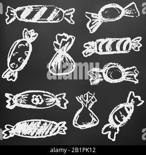 Dessin d'enfant avec craie blanche sur une planche noire. Éléments de conception d'emballages, cartes postales, enveloppes, couvertures. La créativité des enfants. Bonbons, bonbons Illustration de Vecteur