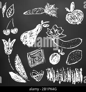 Dessin d'enfant avec craie blanche sur une planche noire. Éléments de conception d'emballages, cartes postales, enveloppes, couvertures. La créativité des enfants. Feuilles, carottes, Illustration de Vecteur