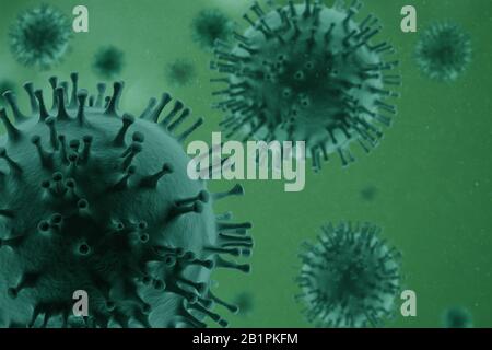 L'image graphique de cgi en trois dimensions illustre la macro-photographie du nouveau coronavirus COVID-19 sur fond vert Banque D'Images