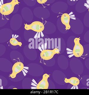 Fond de motif vectoriel transparent de poussin de Pâques. Illustration de l'art folklorique des oiseaux. Poules de bébé de style scandinave sur fond violet prêté. Aviaire Illustration de Vecteur