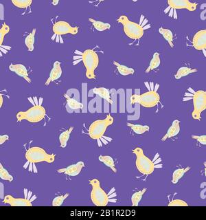 Arrière-plan de motif vectoriel transparent pour poussin bébé. Illustration de l'art folklorique des oiseaux. Poules de bébé de style scandinave sur fond violet prêté. Aviaire Illustration de Vecteur