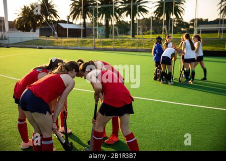 Les joueurs de hockey féminin avant le match sur le terrain Banque D'Images