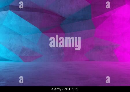 Abstrait vide, salle moderne en béton avec néon cyan et rose de couleur mettre de côté mur polygonal et sol rugueux - intérieur industriel température de fond Banque D'Images