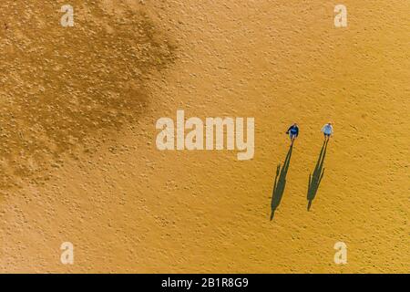 Deux personnes jettent de longues ombres sur la plage de sable, vue aérienne, Allemagne, Schleswig-Holstein, Frise du Nord Banque D'Images
