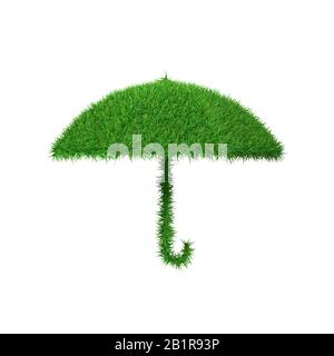 Symbole vert de parapluie en herbe, concept écologique, rendu tridimensionnel. Banque D'Images