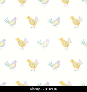 L'arrière-plan du motif vectoriel sans couture est mignon. Illustration de l'art folklorique des oiseaux. Style scandinave bébé poulets toile de fond de Pâques. Aviaire partout Illustration de Vecteur