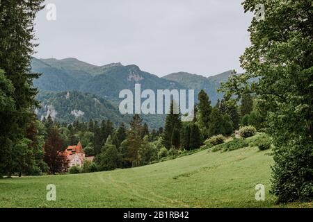 Maisons typiques près du château de Peles dans la ville de Sinaia, Carpates montagnes, Roumanie Banque D'Images
