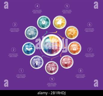Infographies polygonales. Pour les conceptions sur 9 positions des cercles colorés avec des triangles et des polygones dans un cercle. Illustration de Vecteur